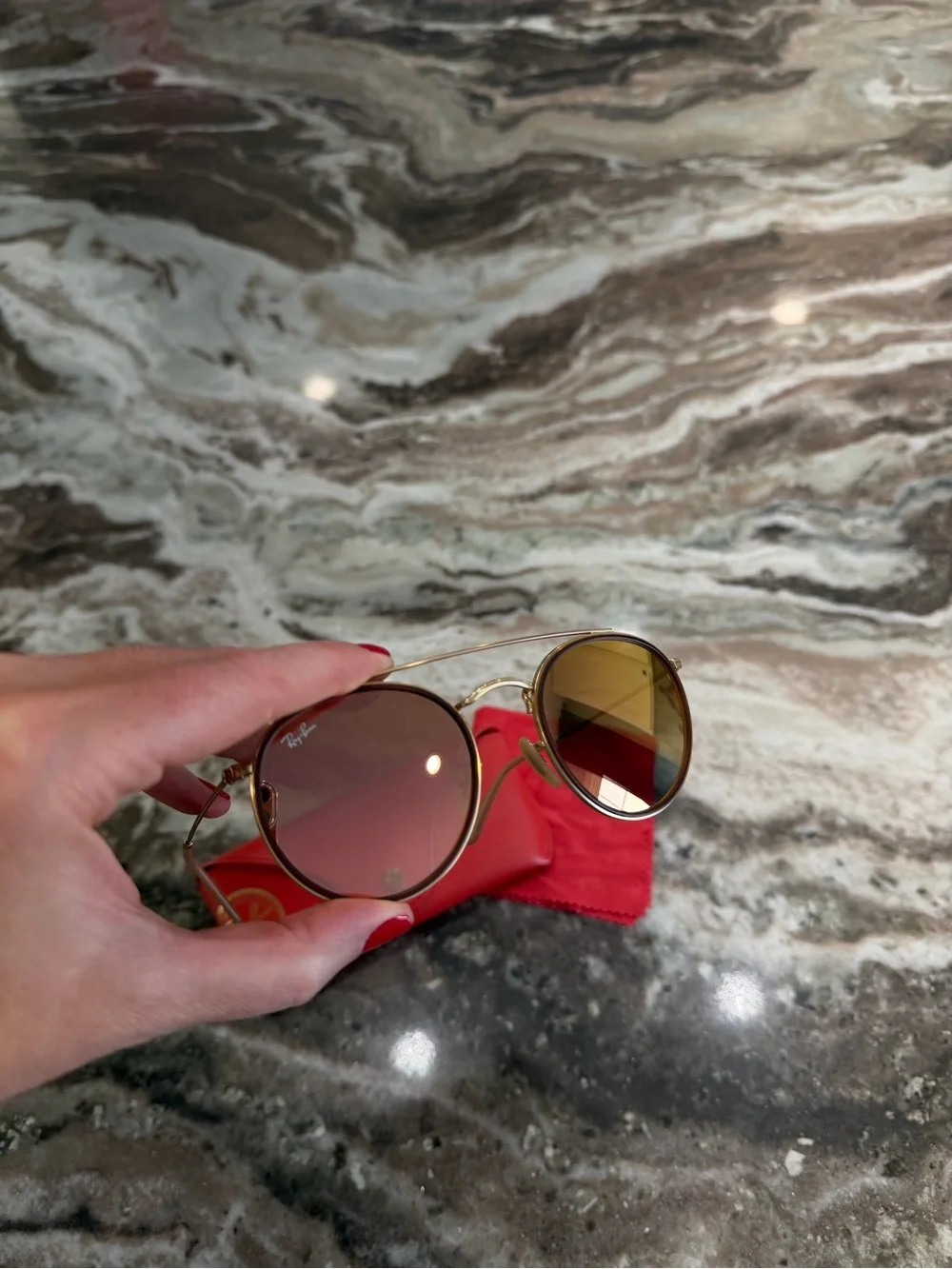 Ray-Ban Women's Rose Gold Frame Sunglasses with Brown Lenses and Red Case